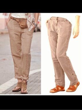 Sundance Organia Lace Trim Cotton Linen Pants Tan Blush Bohemian Coastal Boho